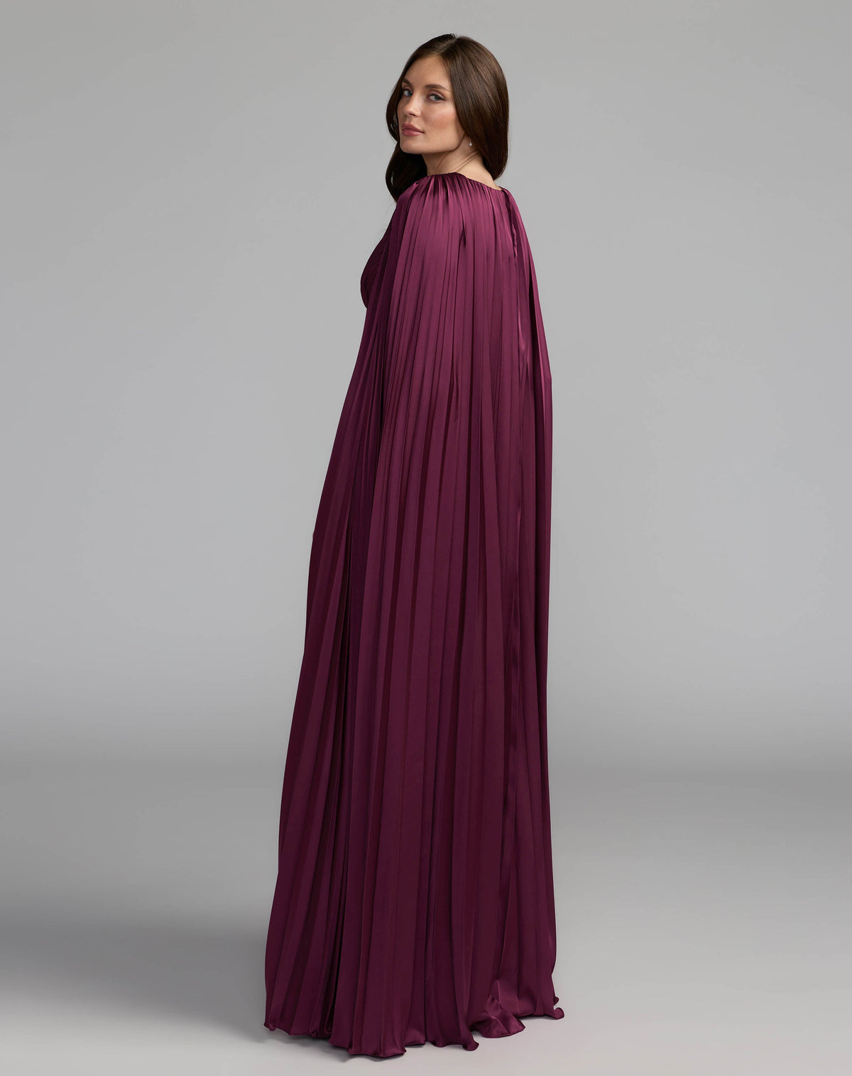 Mac Duggal Dark Purple Pleated Charmeuse V Neck Gown With Cape