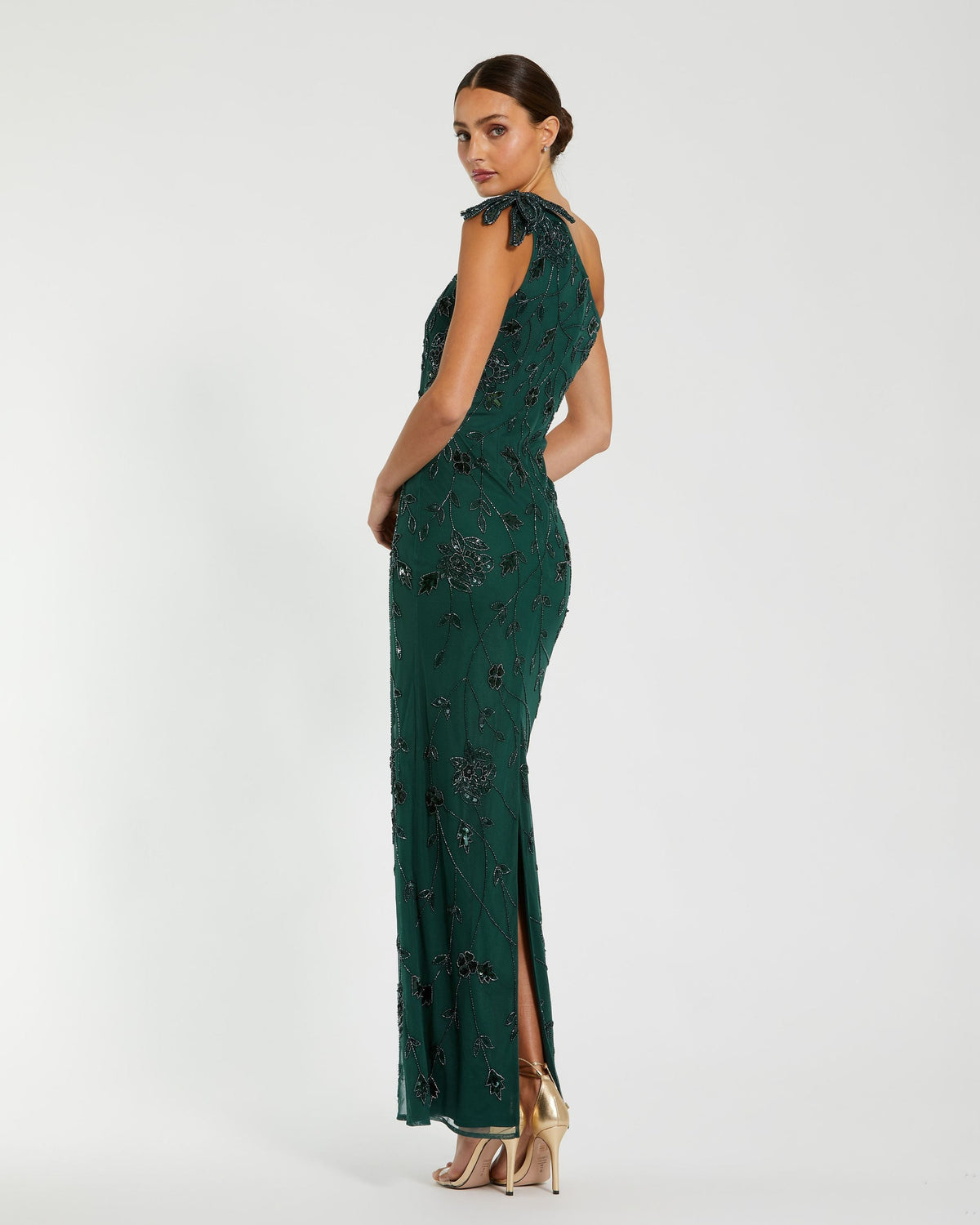 Mac Duggal Green Floral Beaded One Shoulder Gown