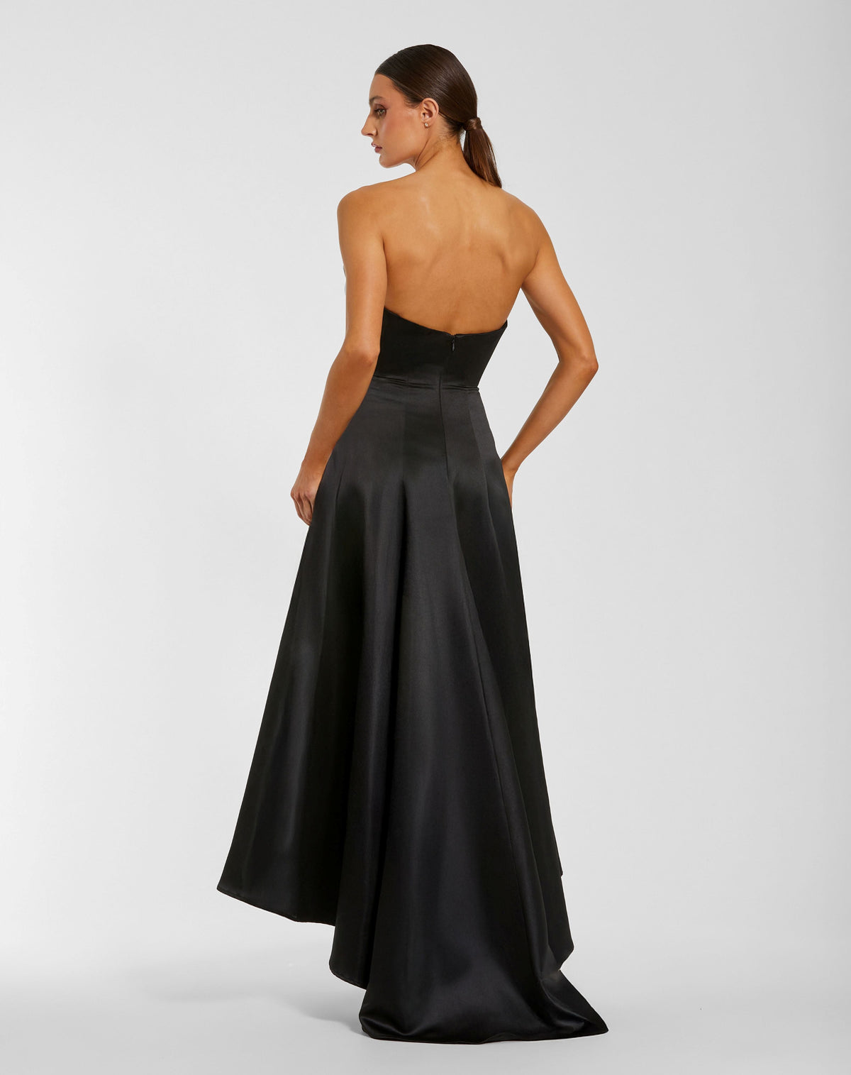Mac Duggal Black Strapless Satin High Low Gown With 3D Flowers