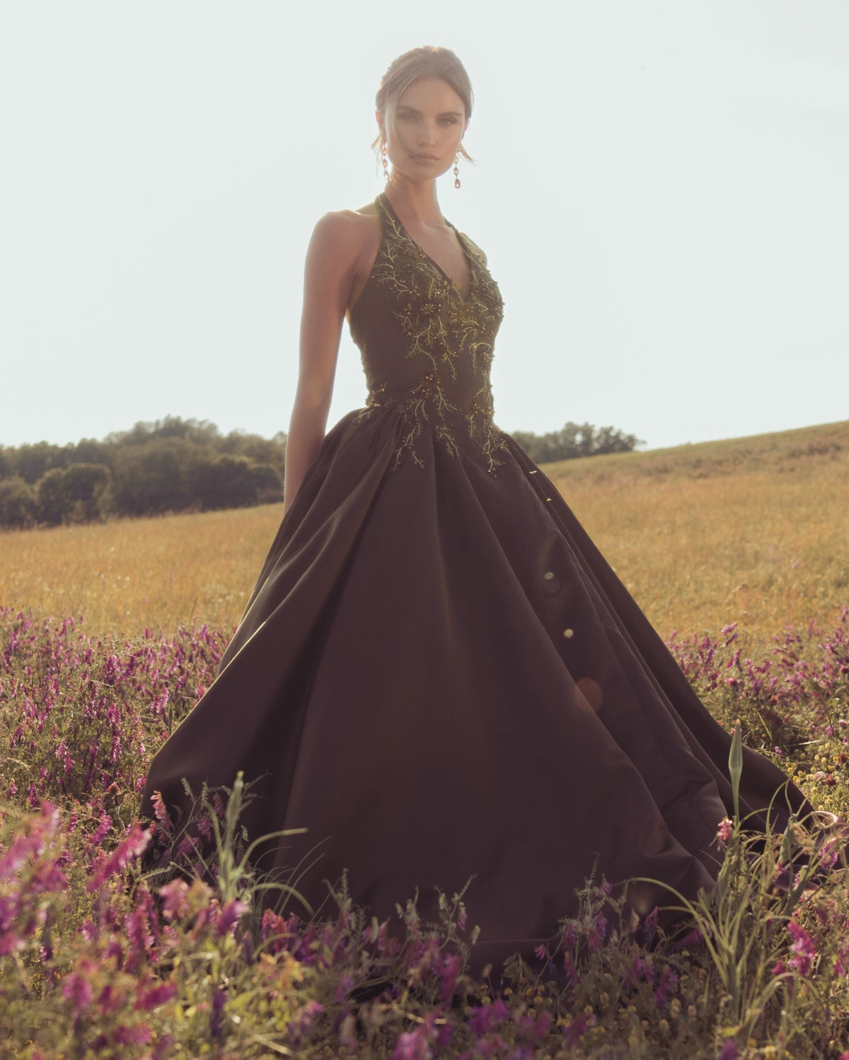 Mac Duggal Brown Halter Neck Floral Embroidered Satin A-Line Gown