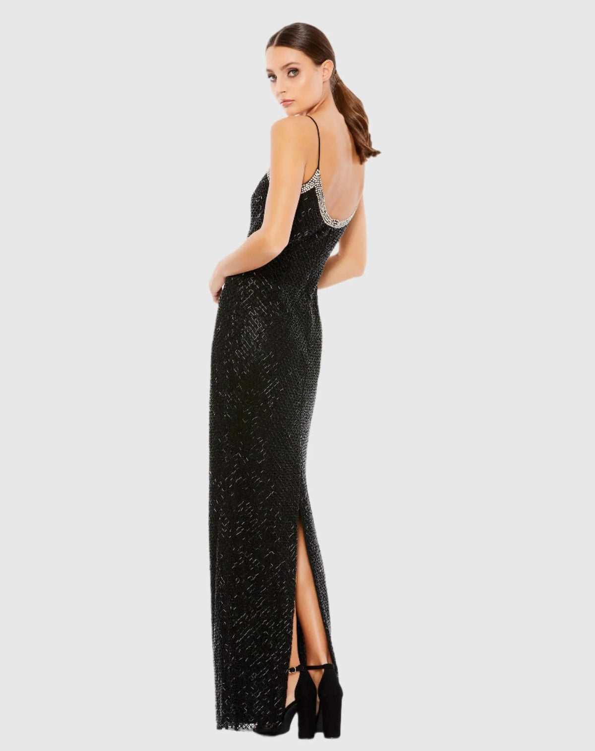 Mac Duggal Black Beaded Spaghetti Strap Column Gown