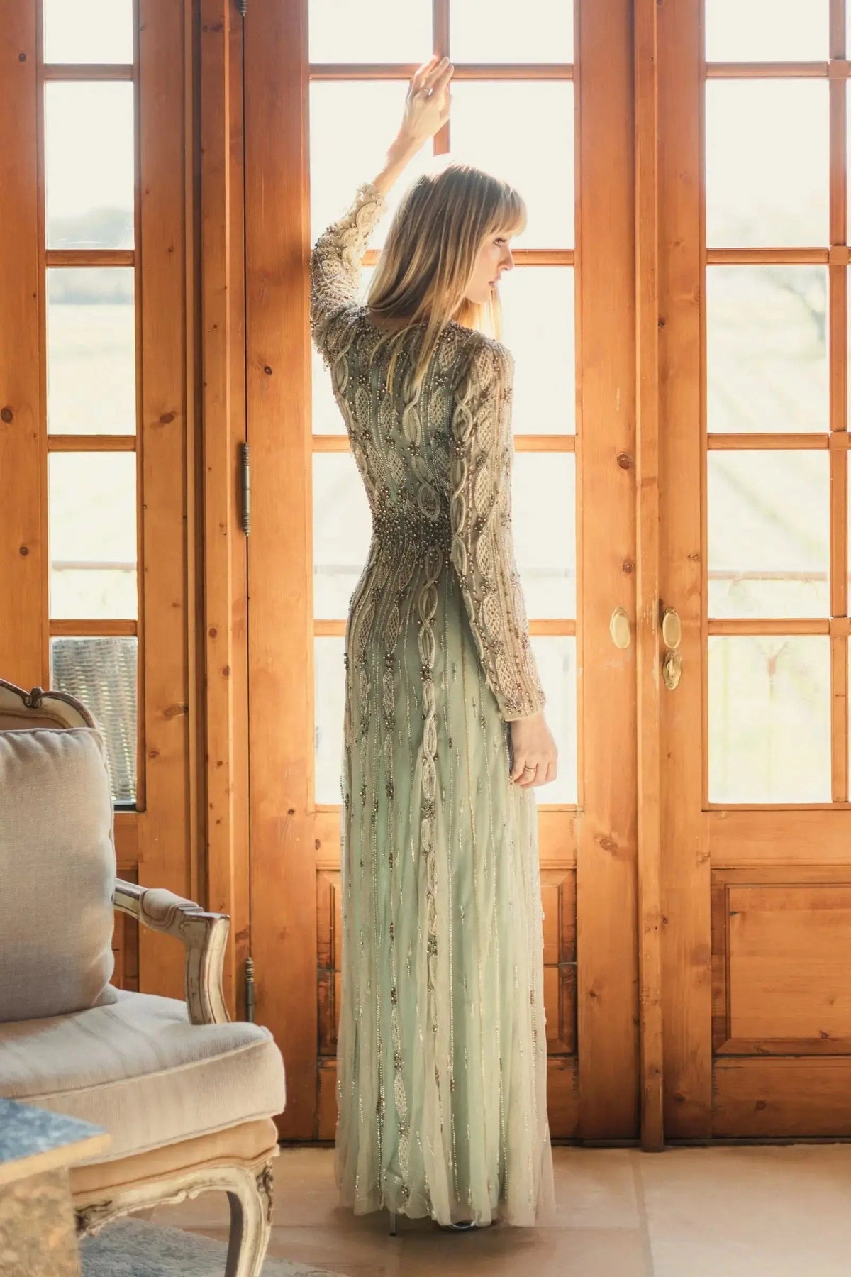 Mac Duggal Green Embellished Long Sleeve A-Line Gown