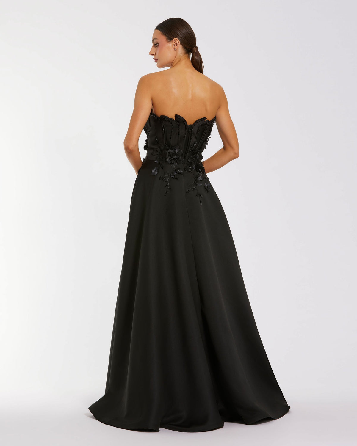 Mac Duggal Petite Black Strapless Satin Floral Embellished Ball Gown Duggal