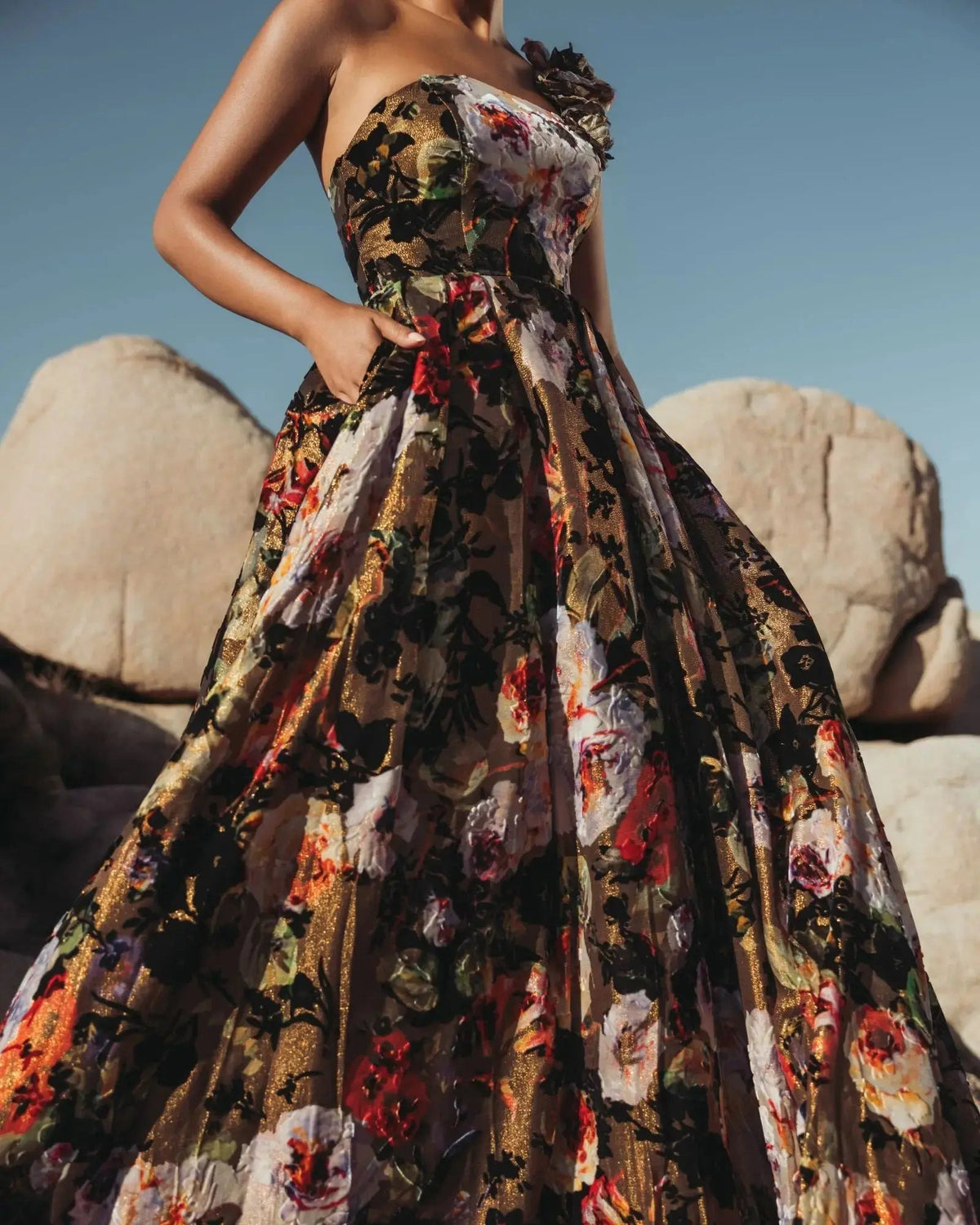 Mac Duggal Multicolor Floral Velvet Ball Gown With Pockets