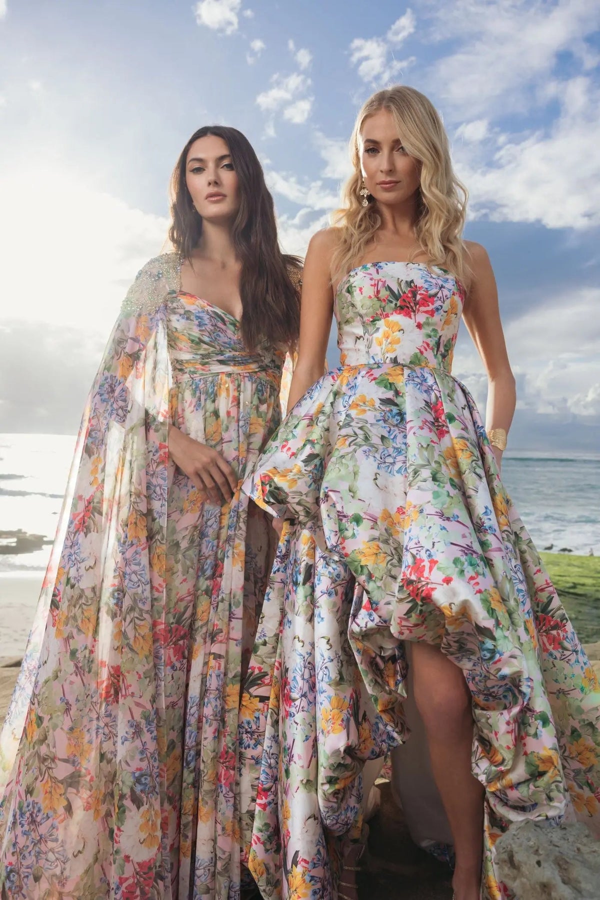 Mac Duggal Multicolor Strapless Floral High Low Bubble Hem Gown