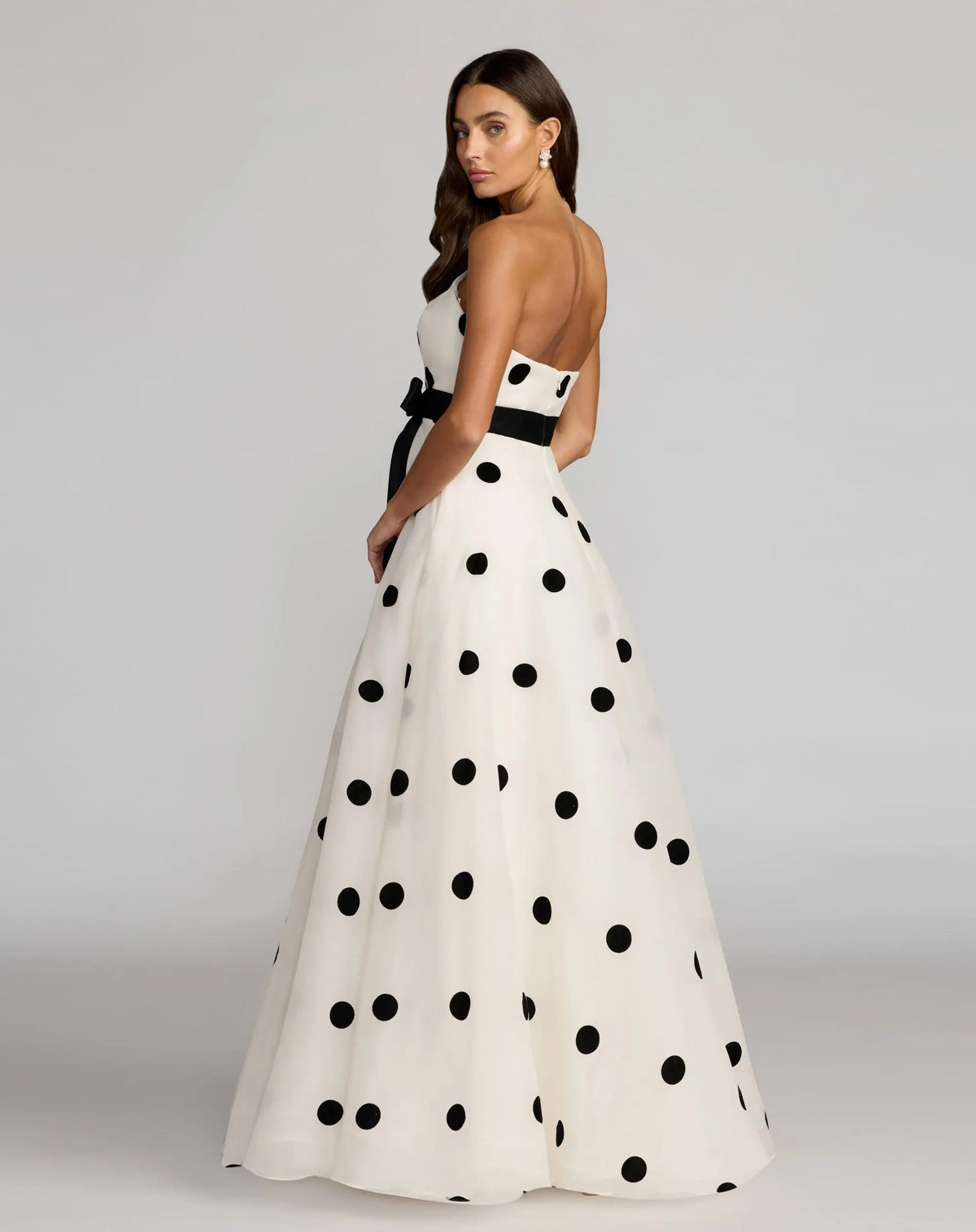 Mac Duggal White Strapless Polka Dot Organza Gown With Satin Bow