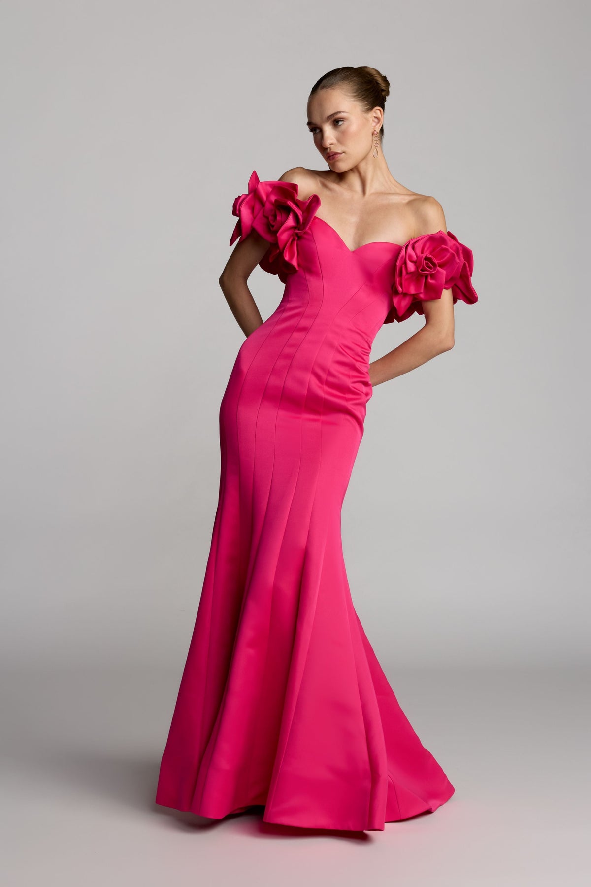 Mac Duggal Pink Off The Shoulder Gown with 3D Floral Sleeves