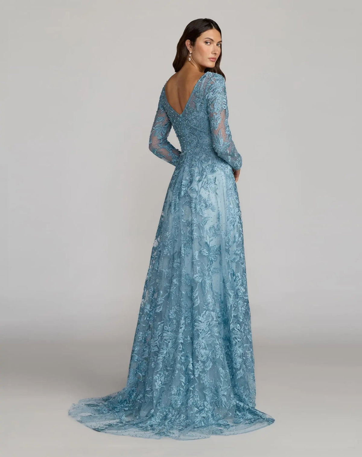 Mac Duggal Blue Embroidered Long Sleeve A-Line Gown