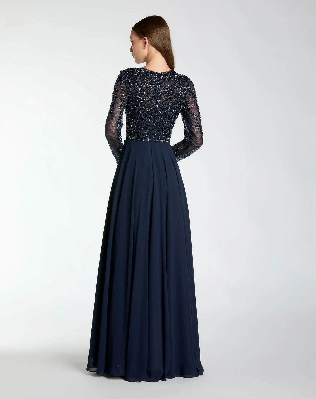Mac Duggal Navy Embellished Lace Long Sleeve Gown With Chiffon Skirt