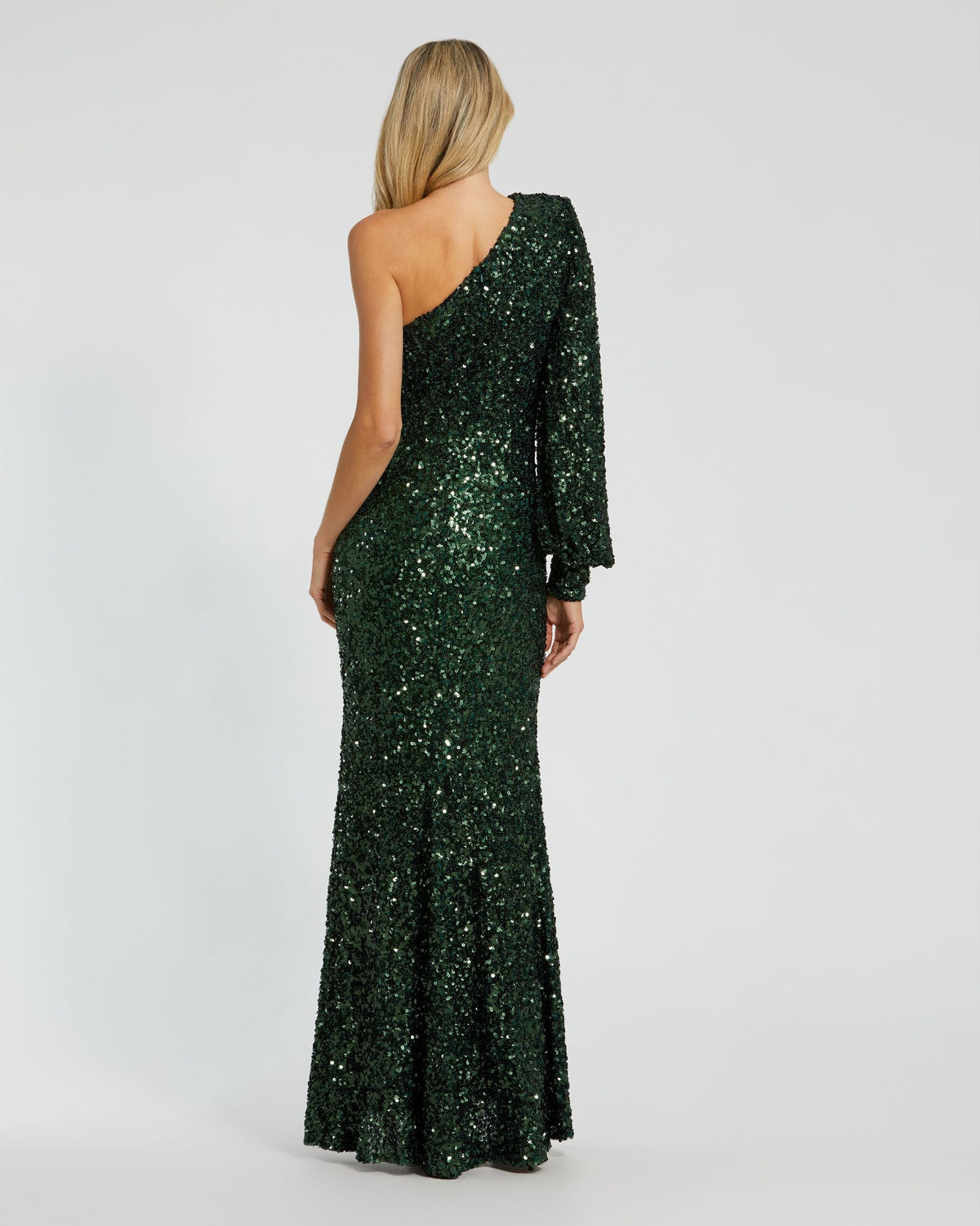 Mac Duggal Emerald Sequined One Shoulder Bishop Sleeve Trumpet Gown Duggal