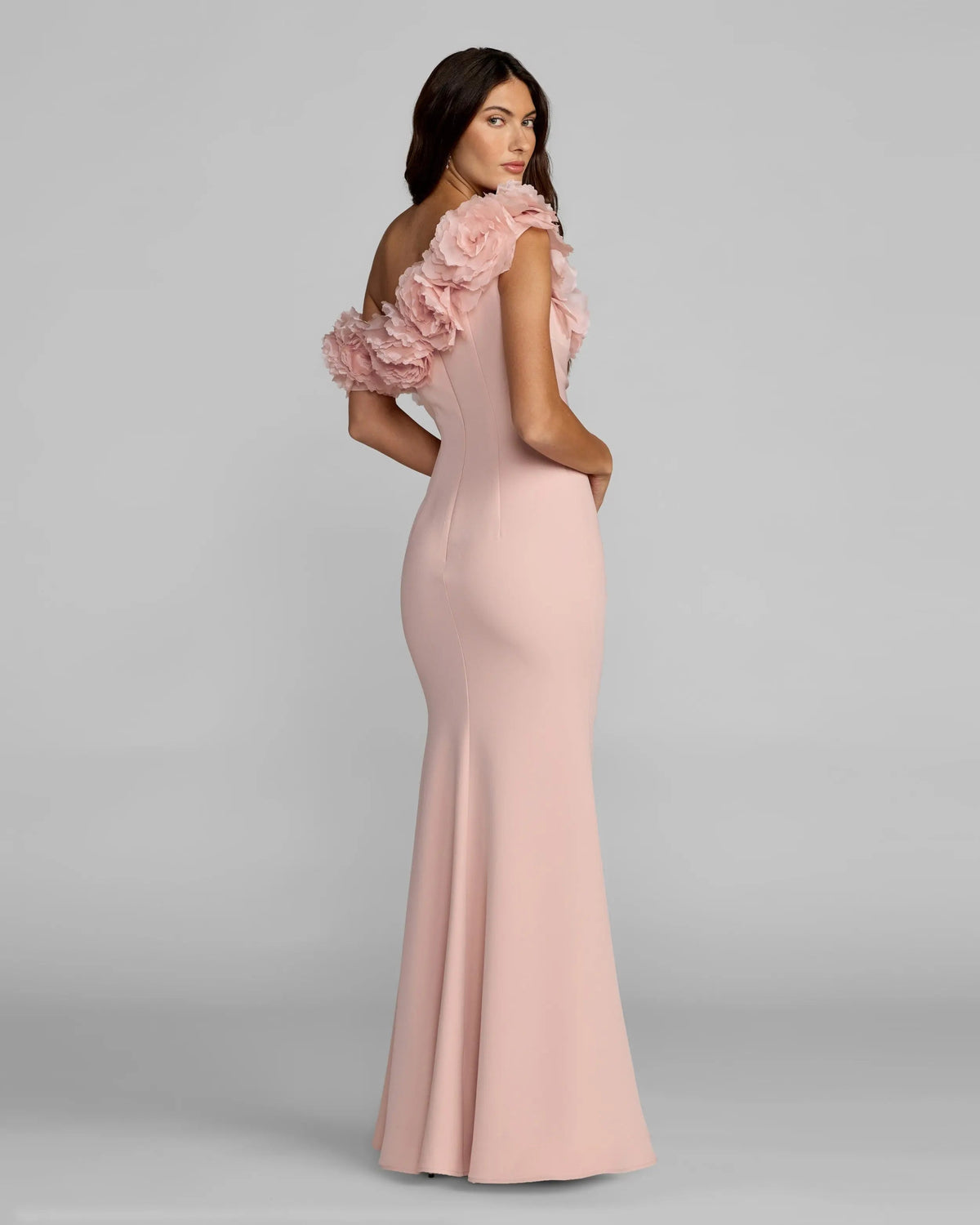 Mac Duggal Pink One Shoulder Crepe Gown With 3D Flowers