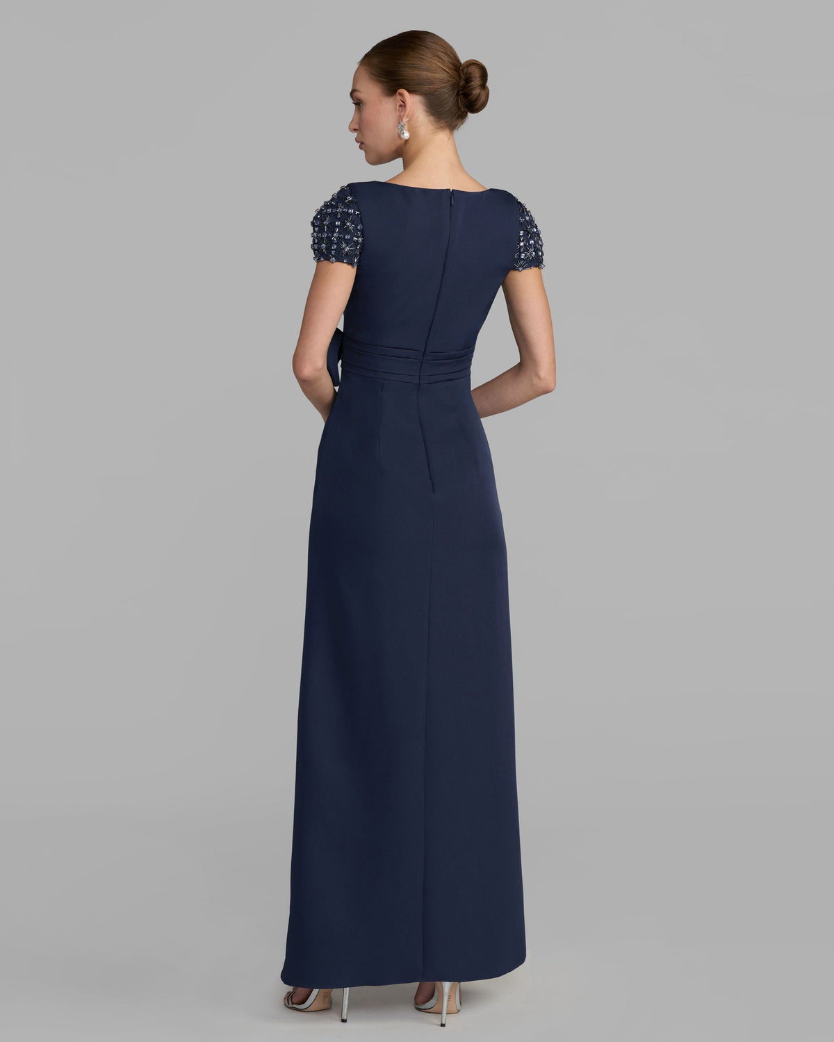 Mac Duggal Navy Beaded Cap Sleeve Crepe Gown With Bow and Slit