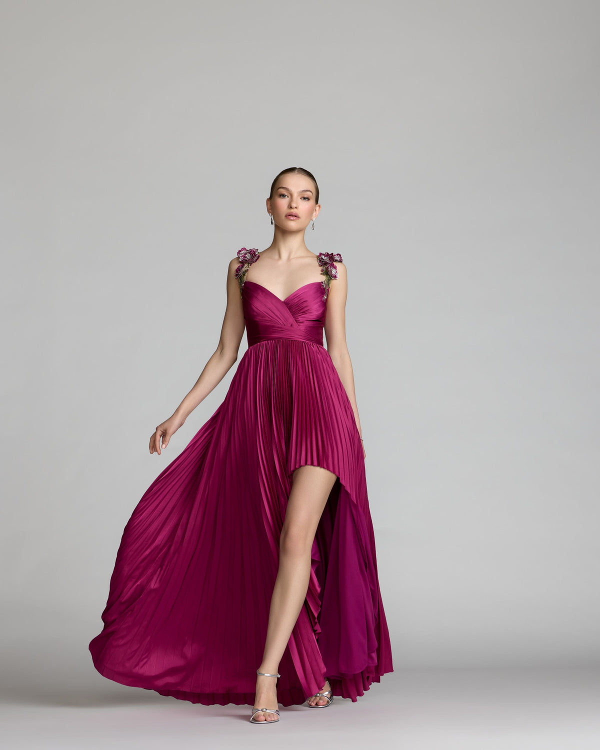 Mac Duggal Purple Pleated High Low Gown With 3D Floral Straps
