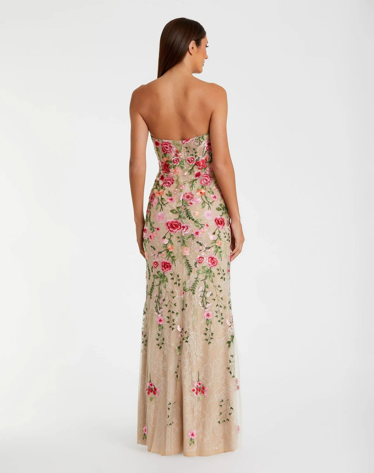 Mac Duggal Beige Floral Embroidered Strapless Bustier Gown