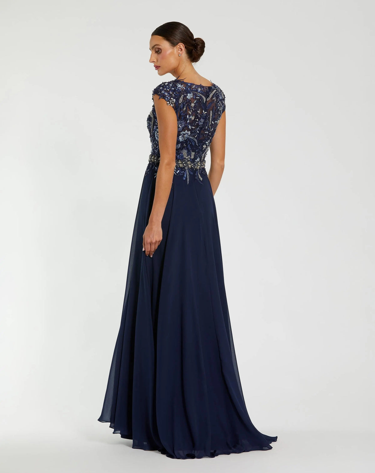 Mac Duggal Navy Embellished Chiffon Cap Sleeve A-Line Gown