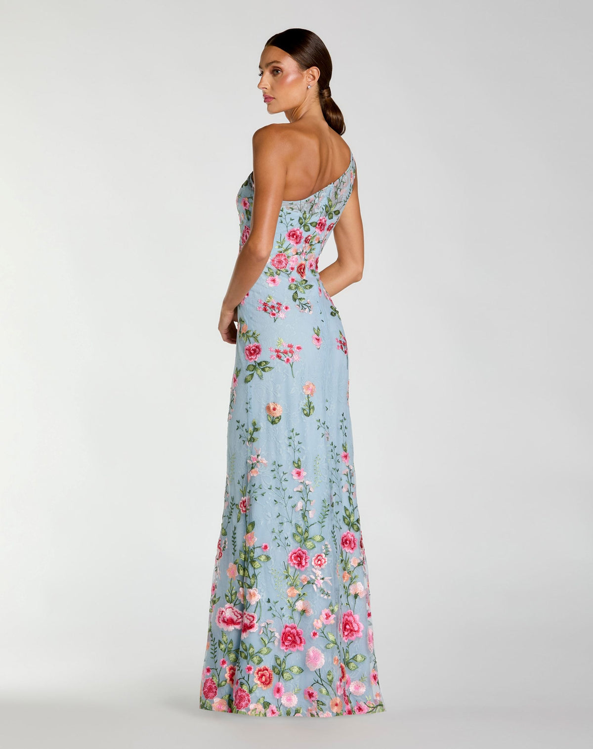 Mac Duggal Petite Blue One Shoulder Floral Embroidered Gown