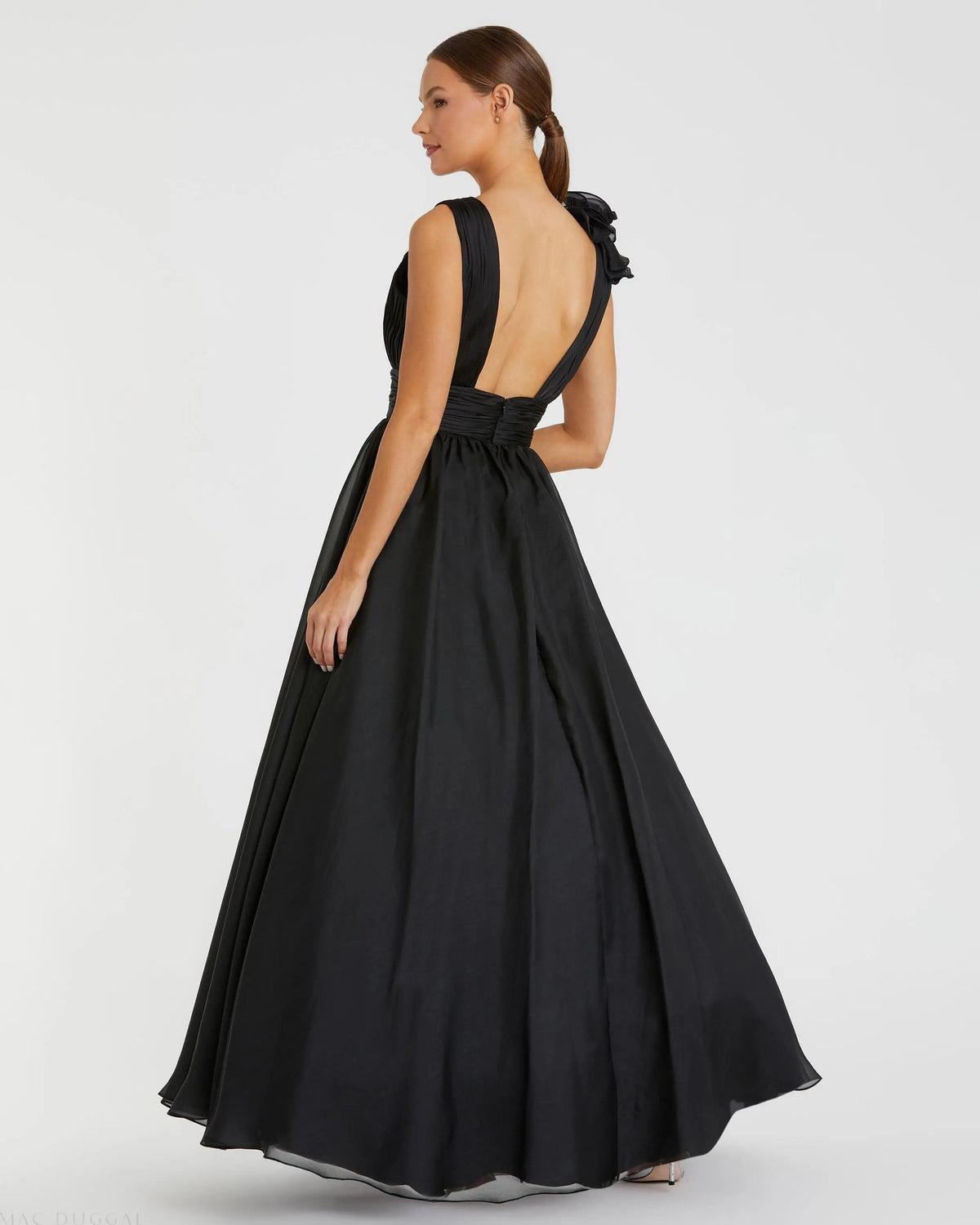 Mac Duggal Black Ruffle Shoulder V-Neck Chiffon Gown