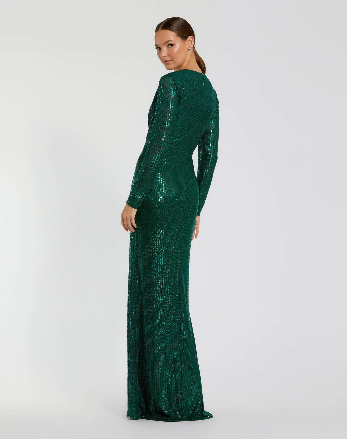 Mac Duggal Green Sequined Long Sleeve Side Knot Gown