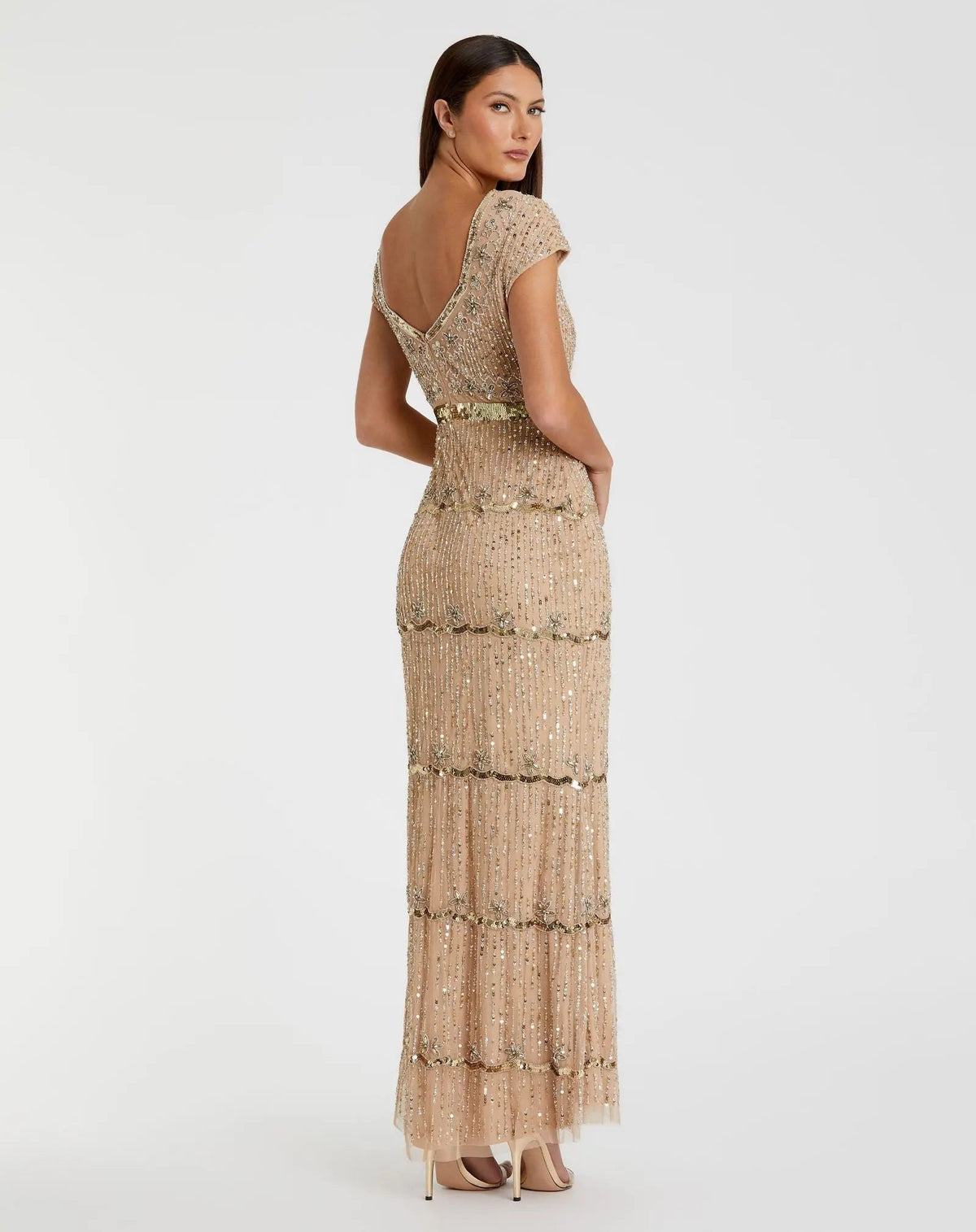 Mac Duggal Gold Sequin Cap Sleeve Sweetheart Column Gown