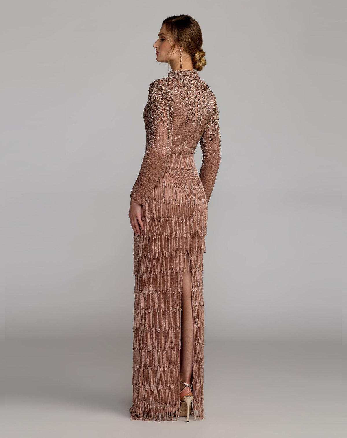 Mac Duggal Brown Beaded Long Sleeve Fringe Column Gown