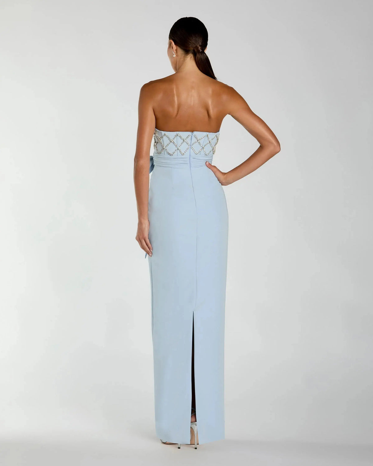 Mac Duggal Blue Strapless Crepe Embellished Bustier Gown With Bow