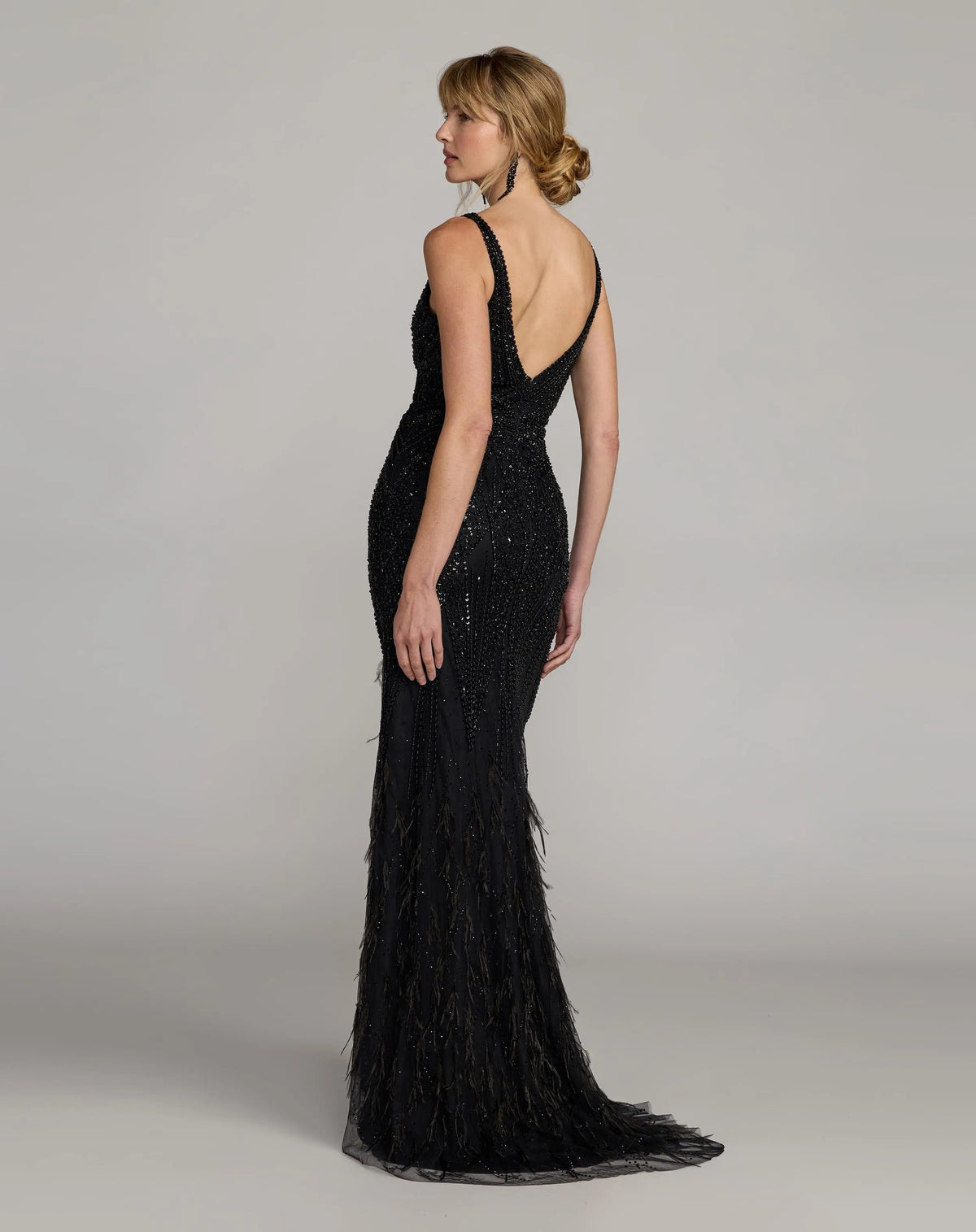Mac Duggal Black Embellished V-Neck Gown With Feather Hem