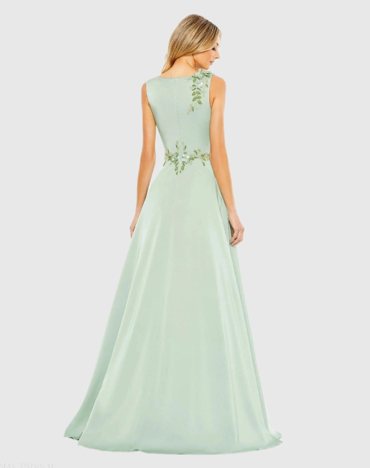 Mac Duggal Green Floral Applique Sleeveless A Line Gown
