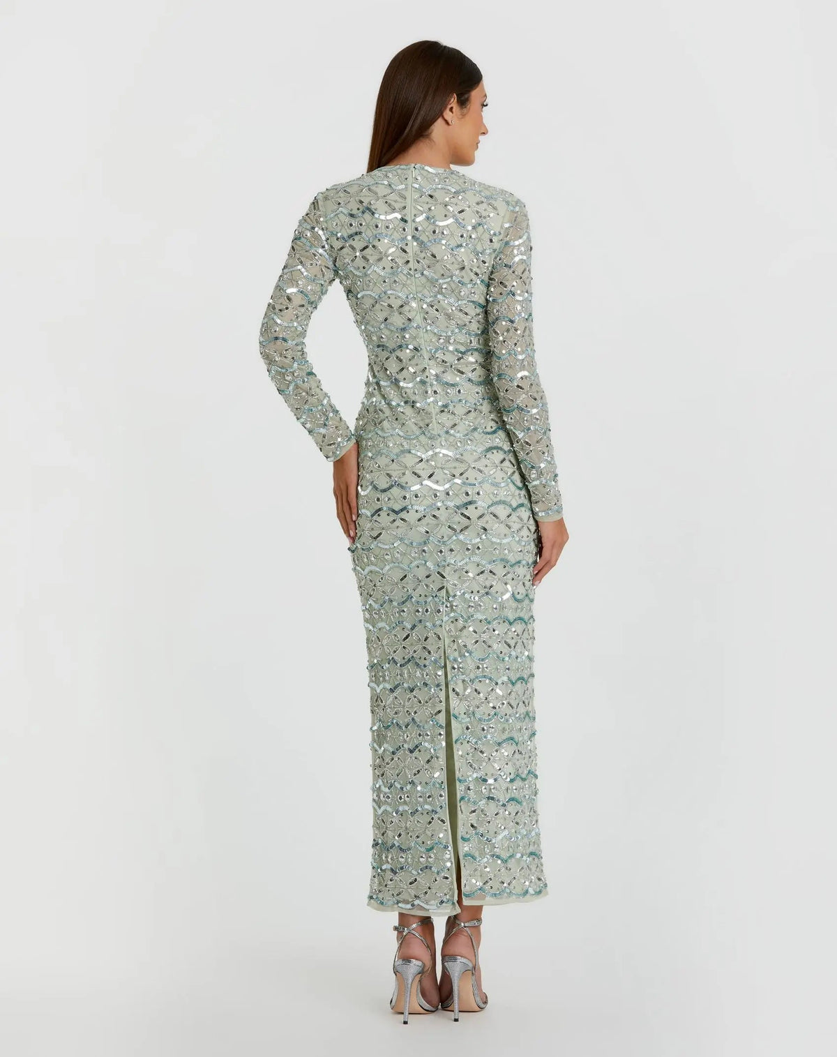 Mac Duggal Green High Neck Long Sleeve Embellished Dress