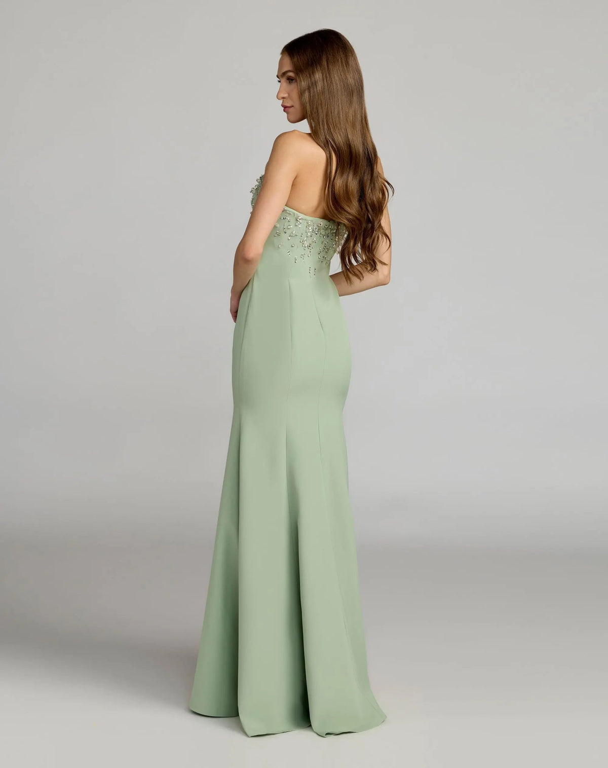 Mac Duggal Sage Green Strapless Embellished Crepe Mermaid Gown