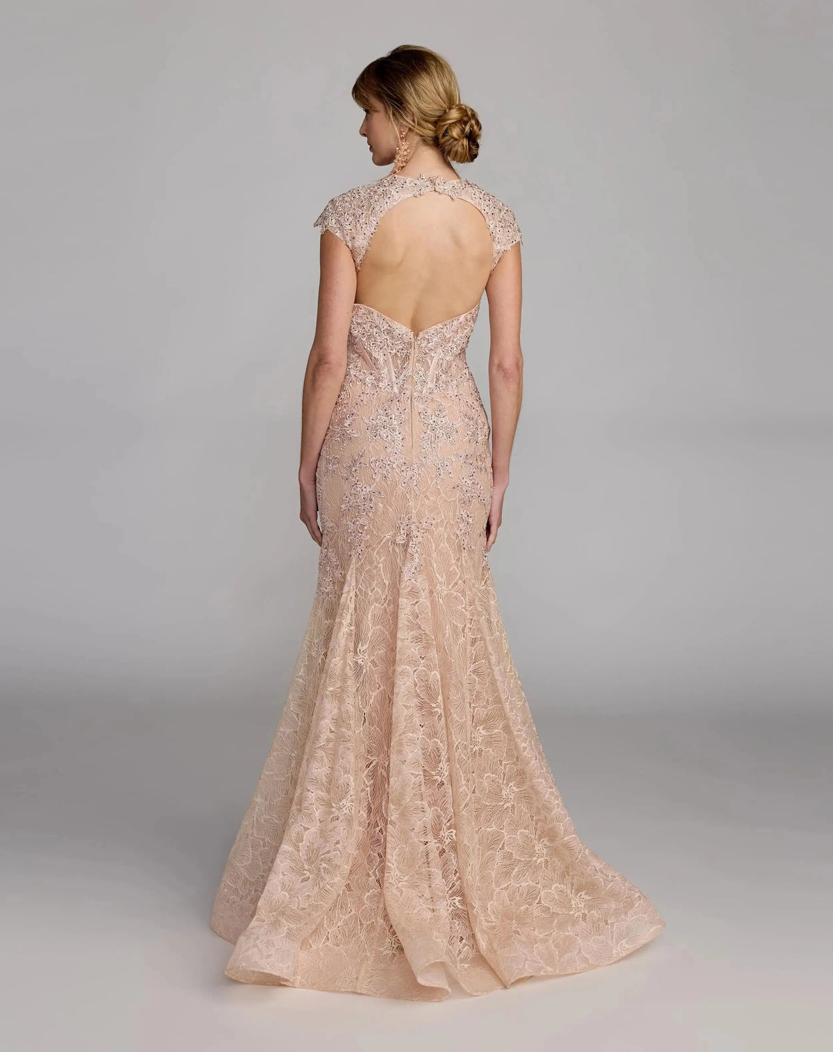 Mac Duggal Pink Embroidered Lace Mermaid Gown With Cap Sleeves