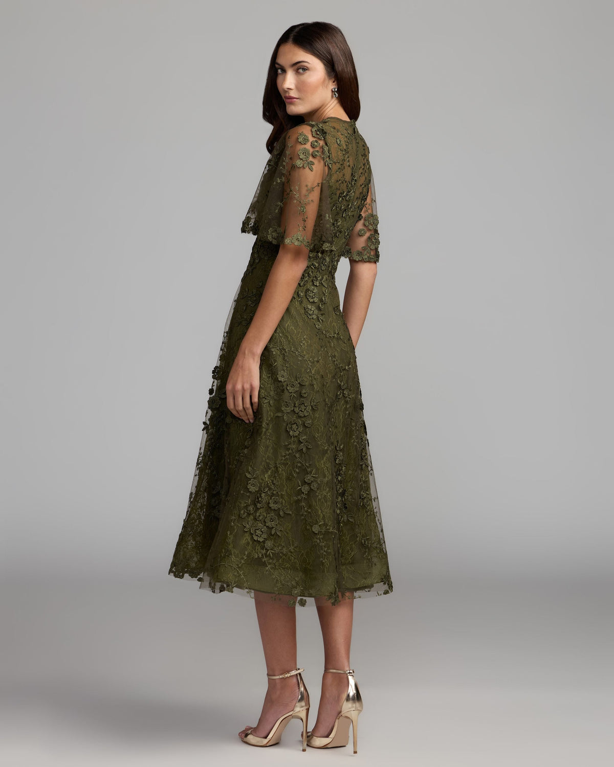 Mac Duggal Deep Green Flutter Sleeve Embroidered Midi Dress