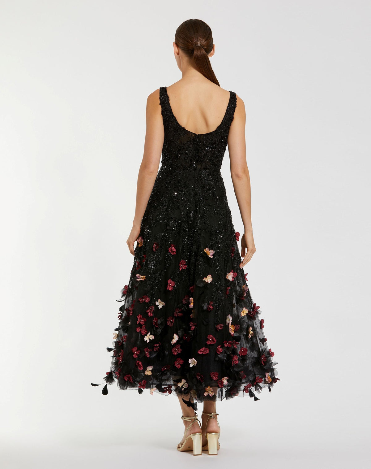 Mac Duggal Black Sleeveless Beaded Midi Dress With 3D Flowers