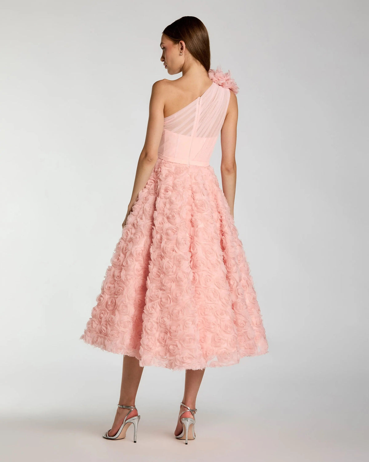 Mac Duggal Blush One Shoulder Rosette Midi Dress