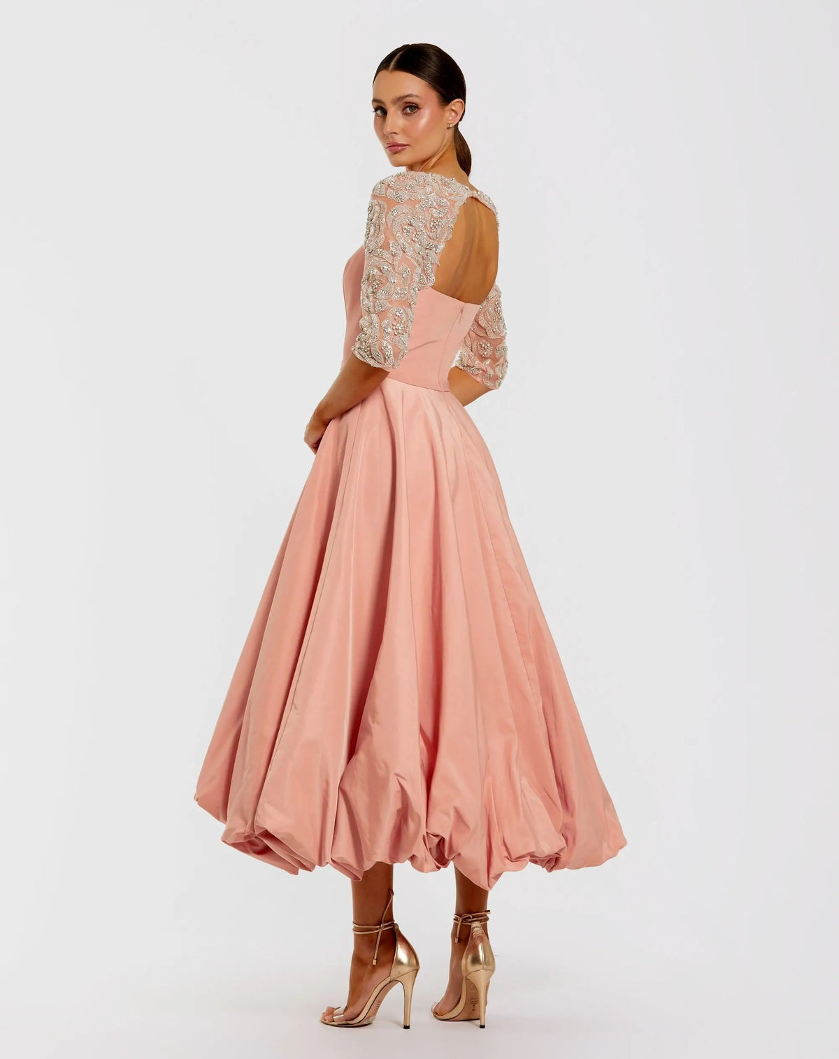 Mac Duggal Pink Bubble Hem Midi Dress With Embellished Sleeves
