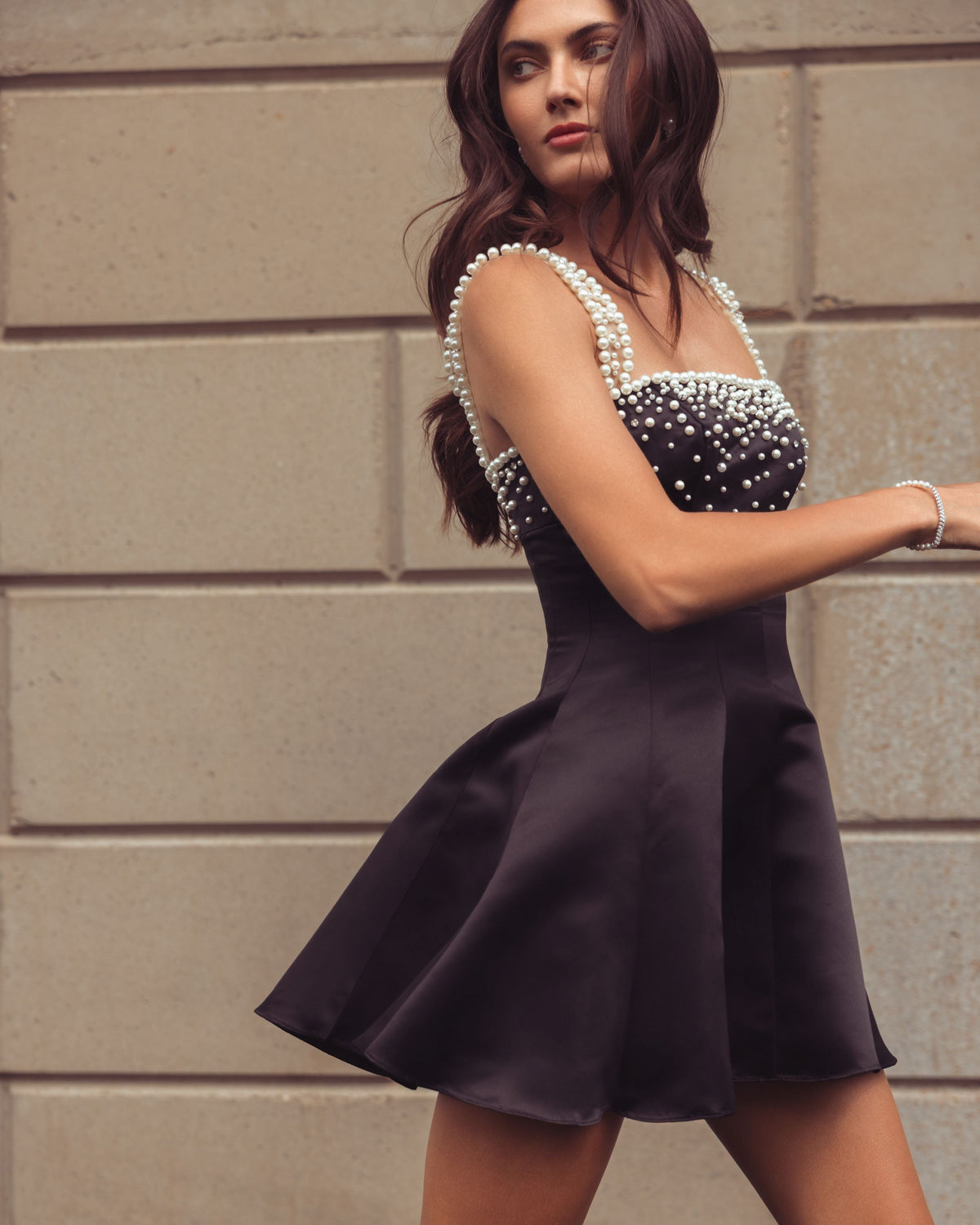 Mac Duggal Black Pearl Embellished Satin Mini Dress