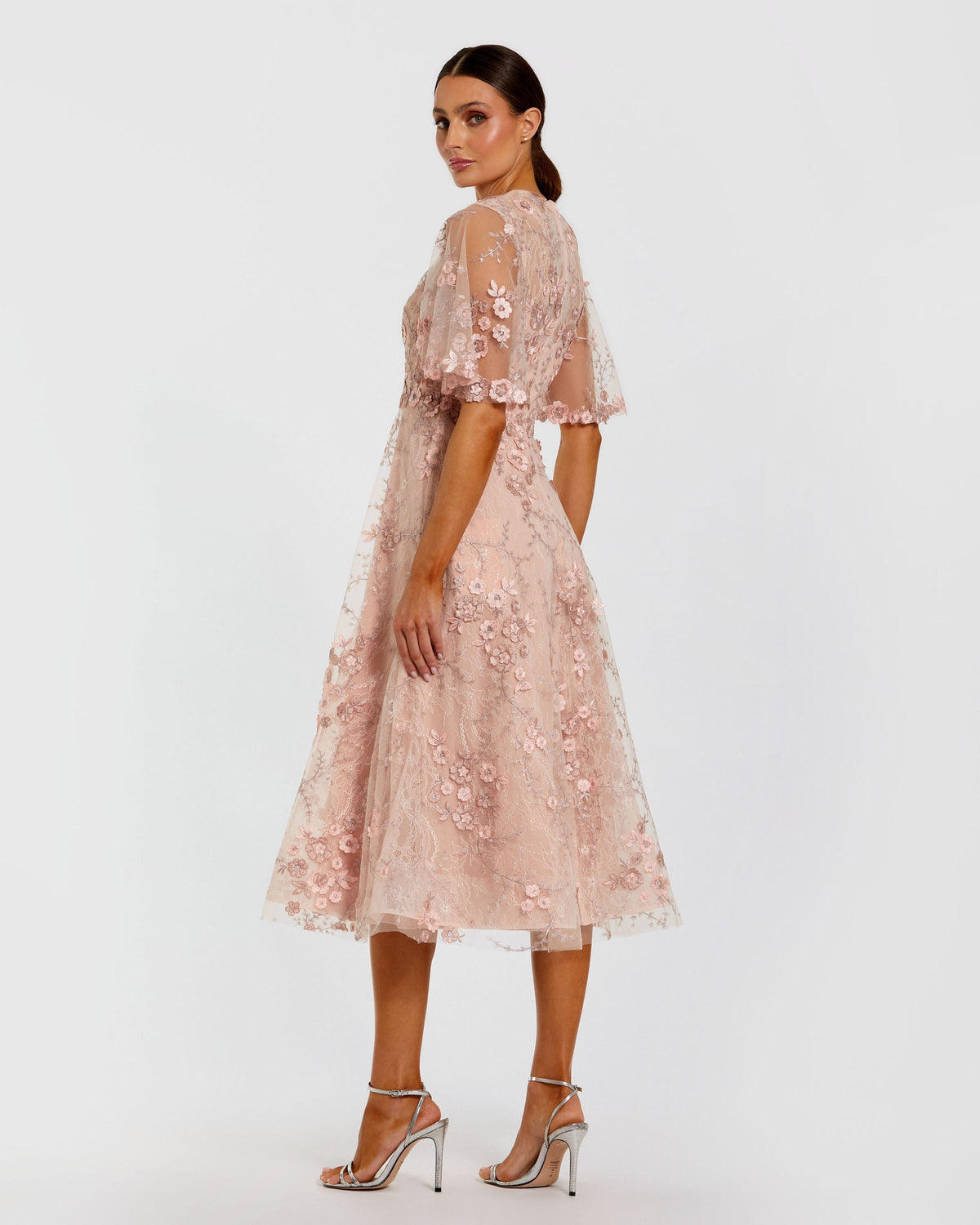 Mac Duggal Petite Pink Flutter Sleeve Embroidered Midi Dress