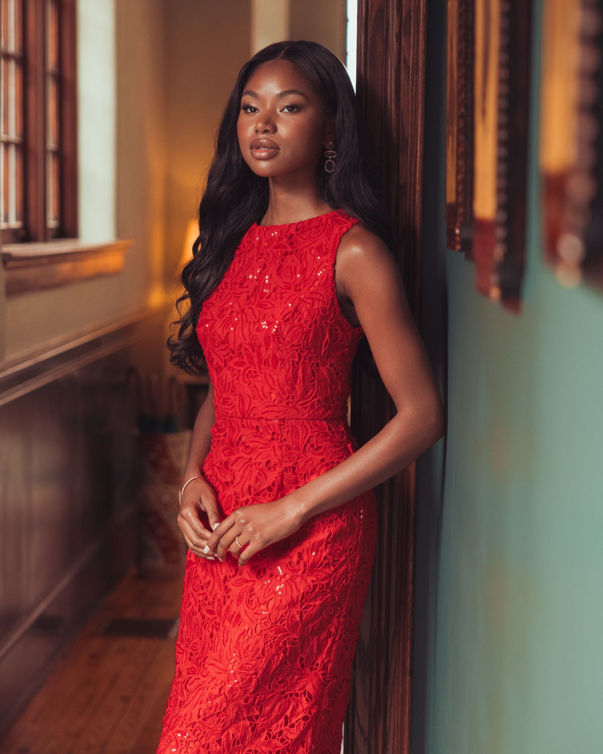 Mac Duggal Red Sleeveless Embroidered Lace Midi Dress