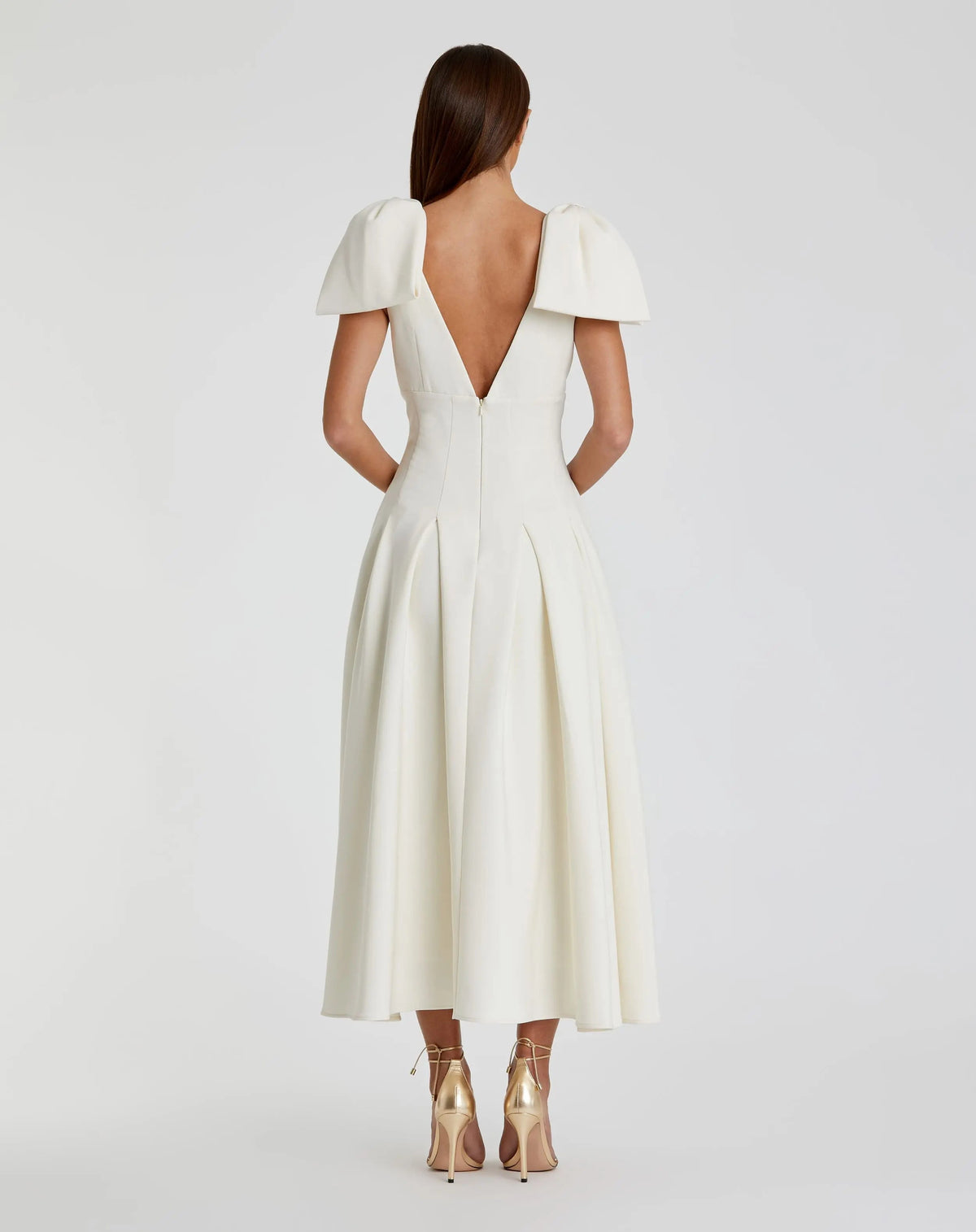 Mac Duggal Ivory Crepe A Line Midi Dress With Bow Straps