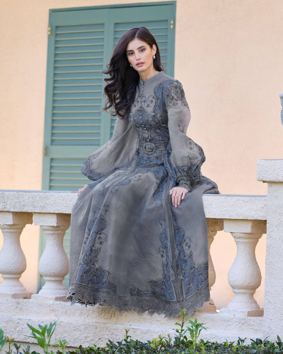Mac Duggal Gray Bishop Sleeve Printed Cotton A-Line Dress