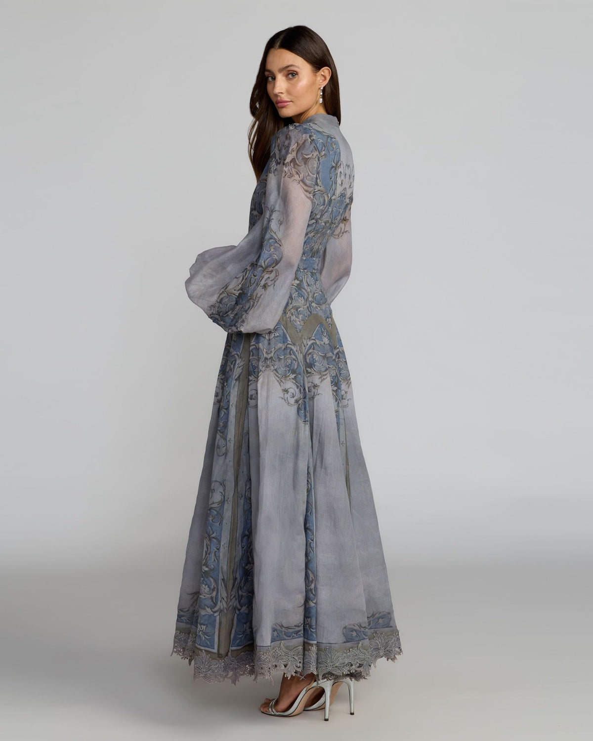 Mac Duggal Petite Slate Blue Bishop Sleeve Printed Cotton A-Line Dress
