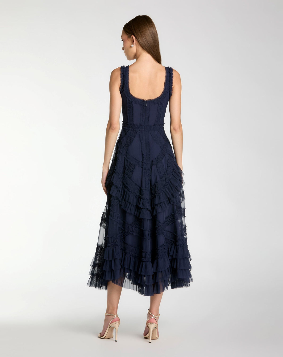 Mac Duggal Navy Scoop Neck Sleeveless Micro Ruffle Midi Dress