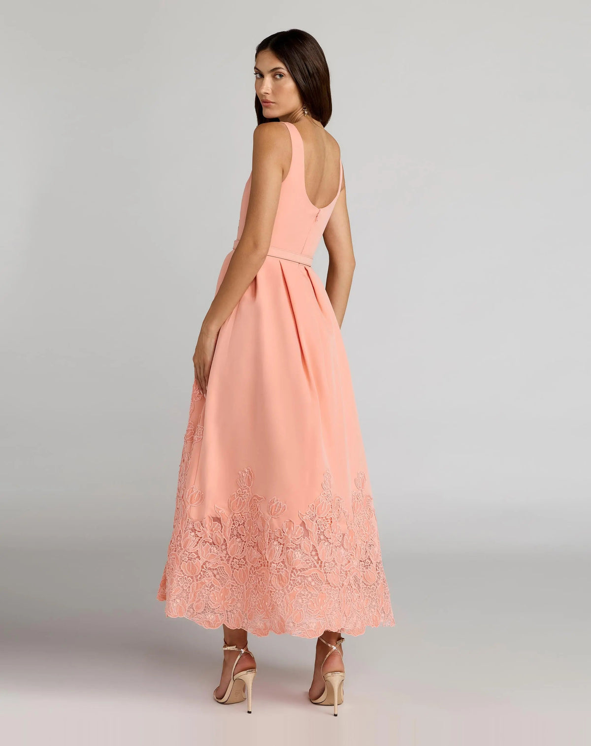 Mac Duggal Peach Lace Hem Belted Midi Dress