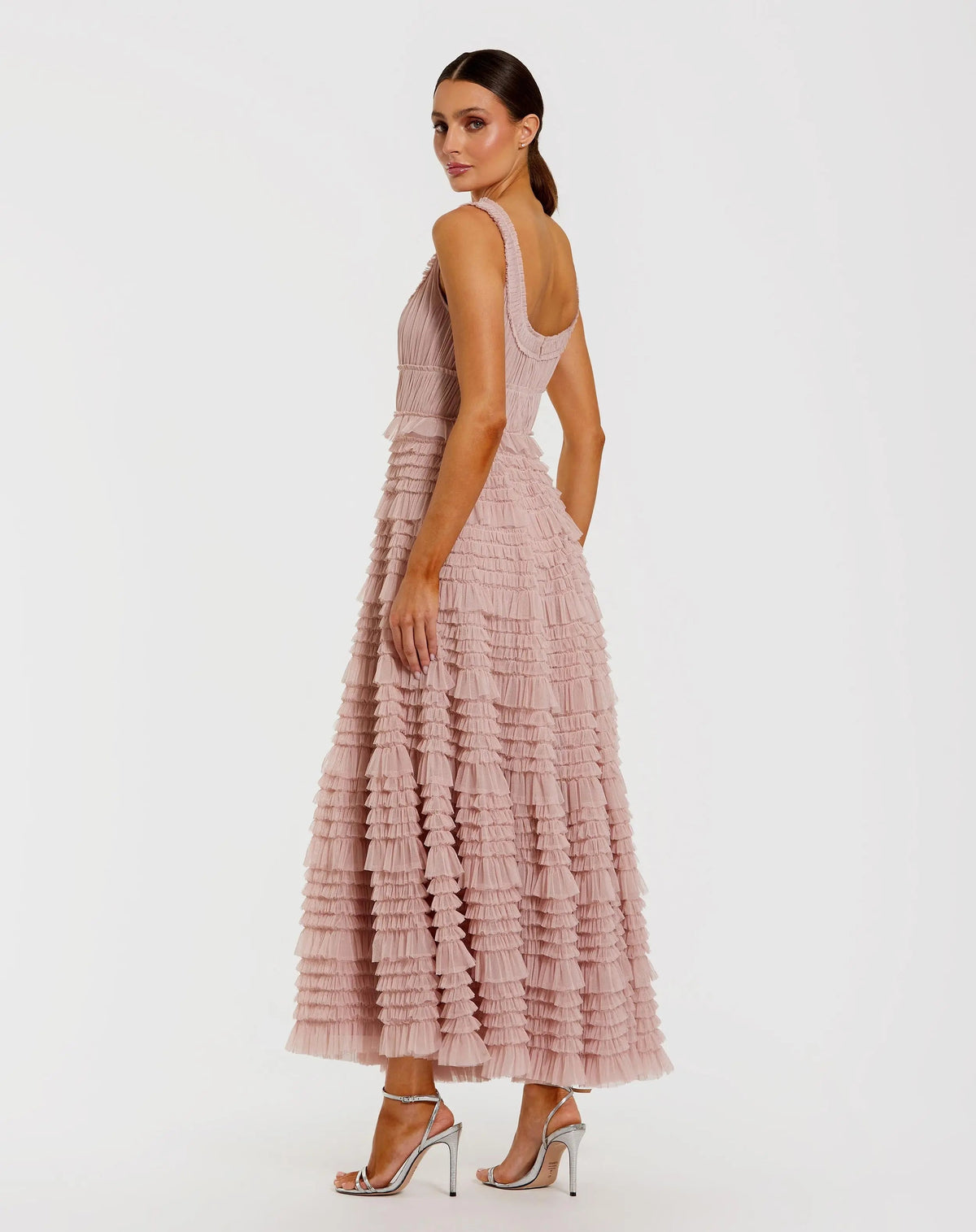 Mac Duggal Pink Micro Ruffle Sleeveless Scoop Neck Maxi Dress