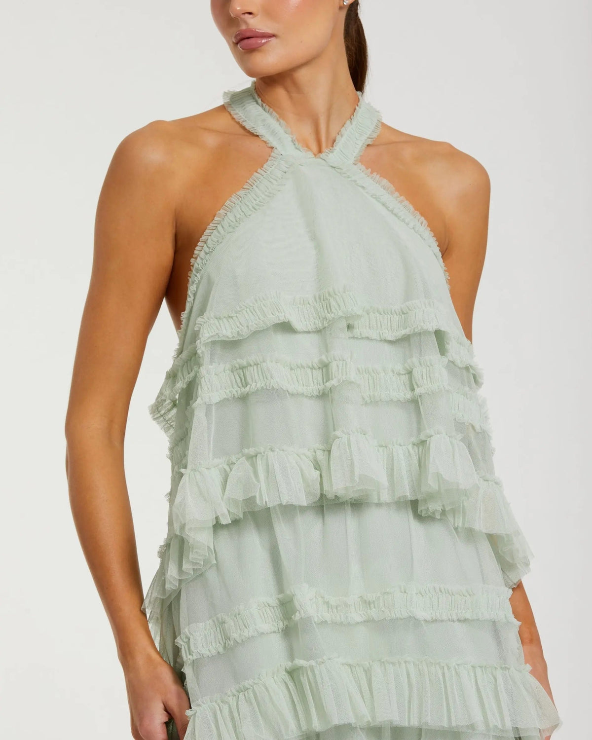 Mac Duggal Green Tiered Ruffle Halter Neck Midi Dress