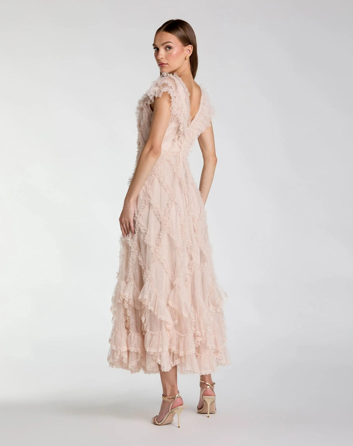Mac Duggal Petite Pink Micro Ruffle Cap Sleeve A-Line Midi Dress