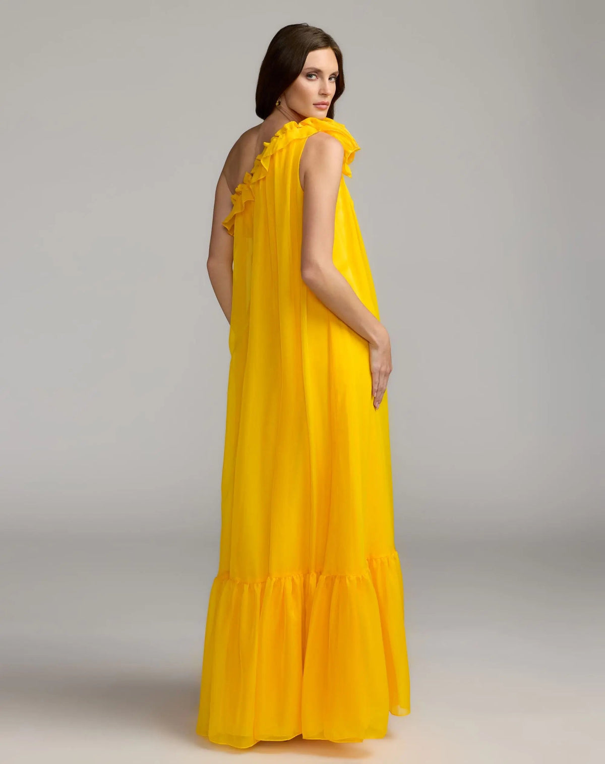Mac Duggal Yellow One Shoulder Chiffon Gown With 3D Rosette