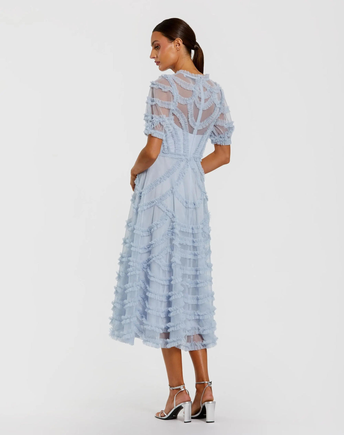 Mac Duggal Blue High Neck Short Sleeve Ruffled Midi Dress