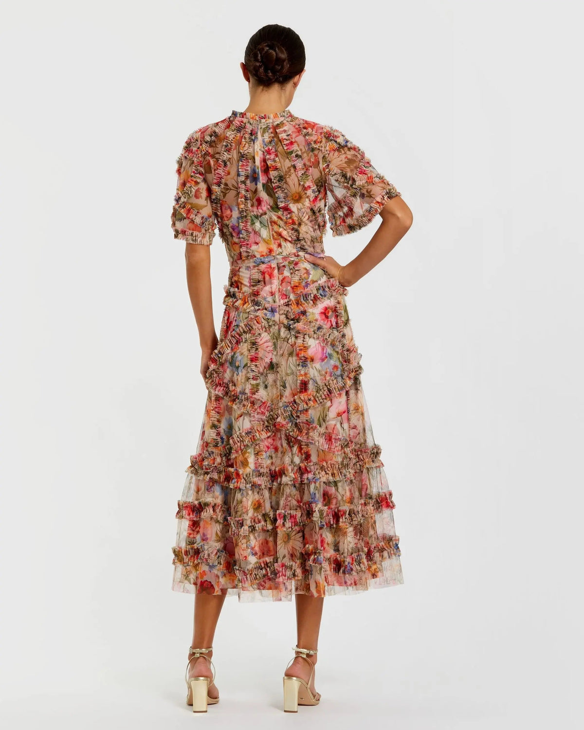 Mac Duggal Multicolor Floral Midi Dress with Ruffle Detailing