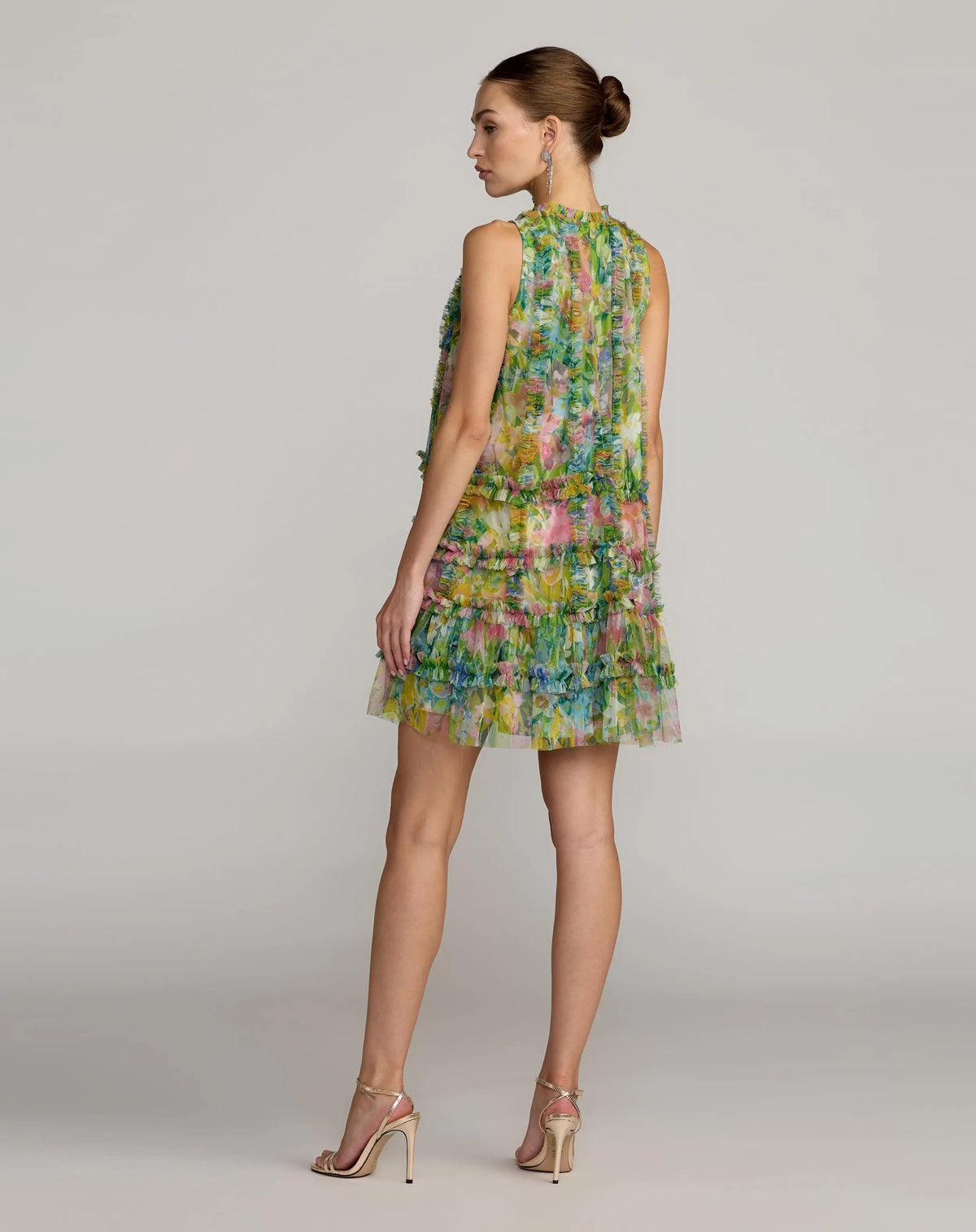 Mac Duggal Green Printed Sleeveless High Neck Ruffle Mini Dress