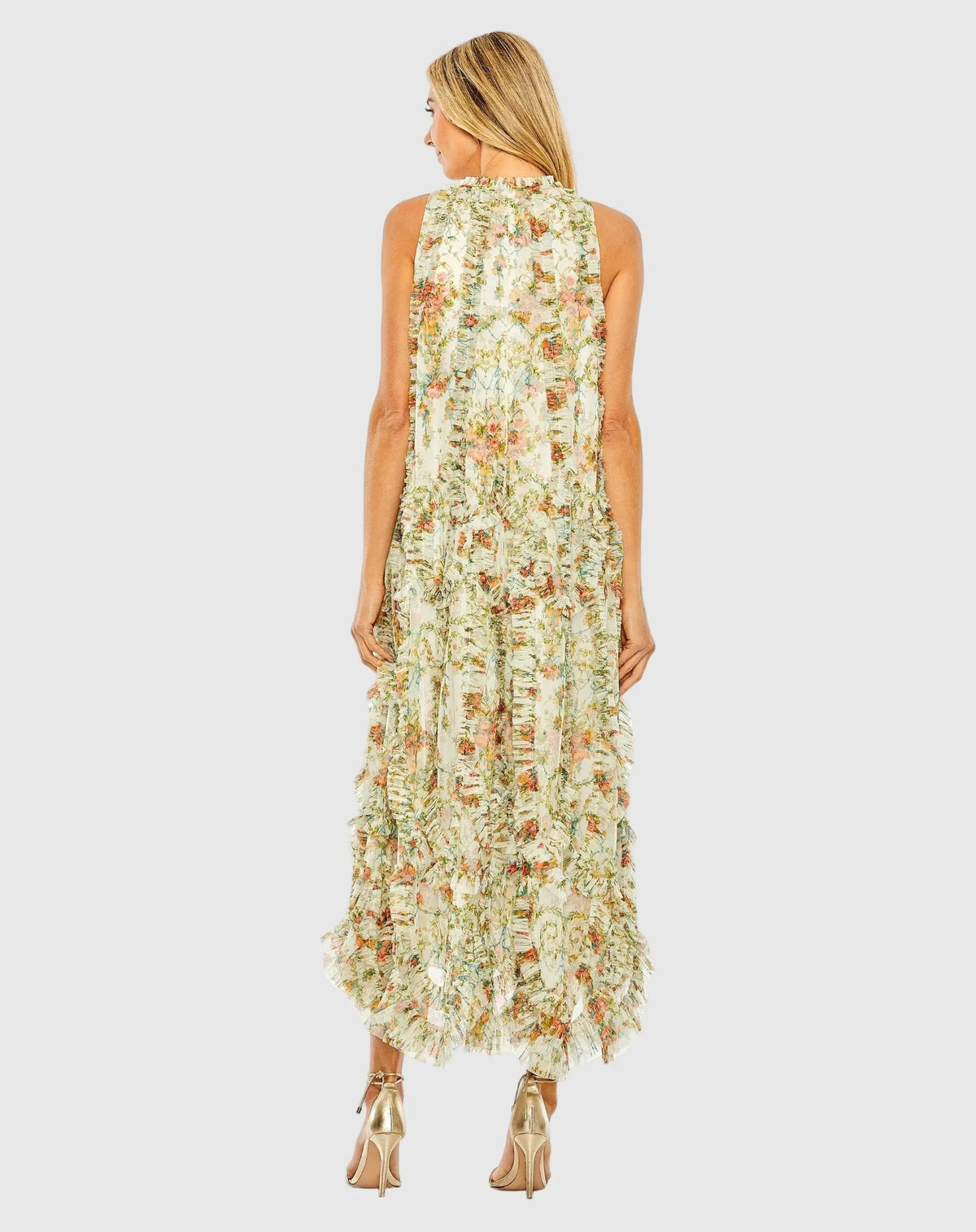 Mac Duggal Ivory Sleeveless High Neck Lattice Ruffle Floral Dress